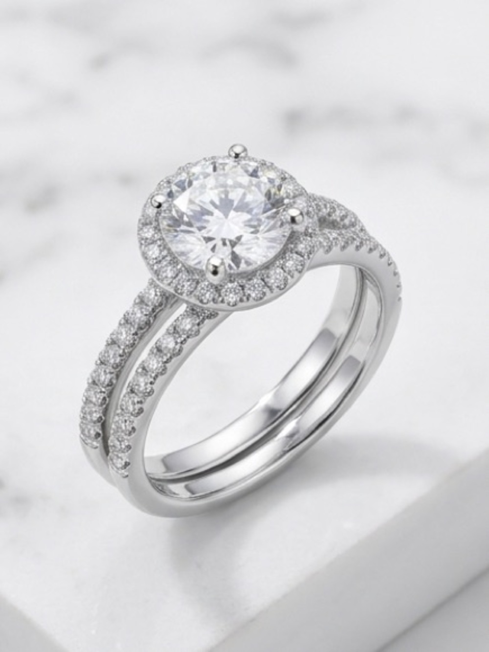 Silver tone Halo Solitaire Engagement Ring Jewelry Set